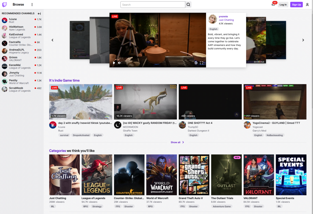 twitch home page showing most popular streams